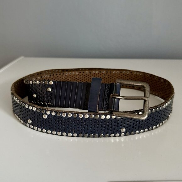 Amsterdam Heritage Accessories - Amsterdam Heritage Navy Blue Metal Studded Italian Leather Belt Sz 95 (34”-39”)